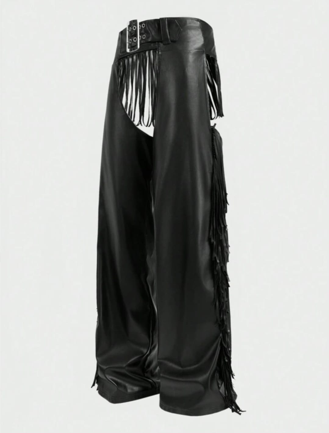 Men's Black Faux Leather Fringe Wide-Leg Pants – Western Punk Statement Trousers